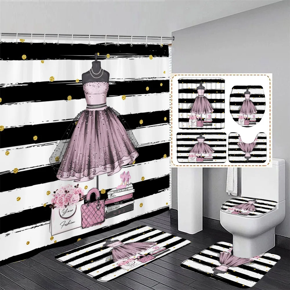 Pink High Heel Perfume Shower Curtain Set Fashion Lipstick Floral Black White Stripe Home Bathroom Decor Bath Mats Toilet Cover