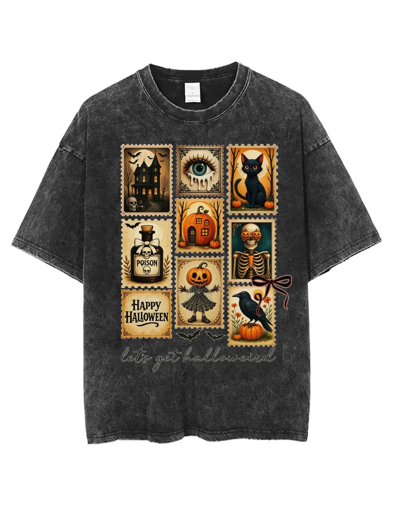 تي شيرت Let's Get Halloweird فضفاض مناسب برقبة دائرية ومغسول مريح ومطبوع للهالوين جاهز للارتداء طوال العام