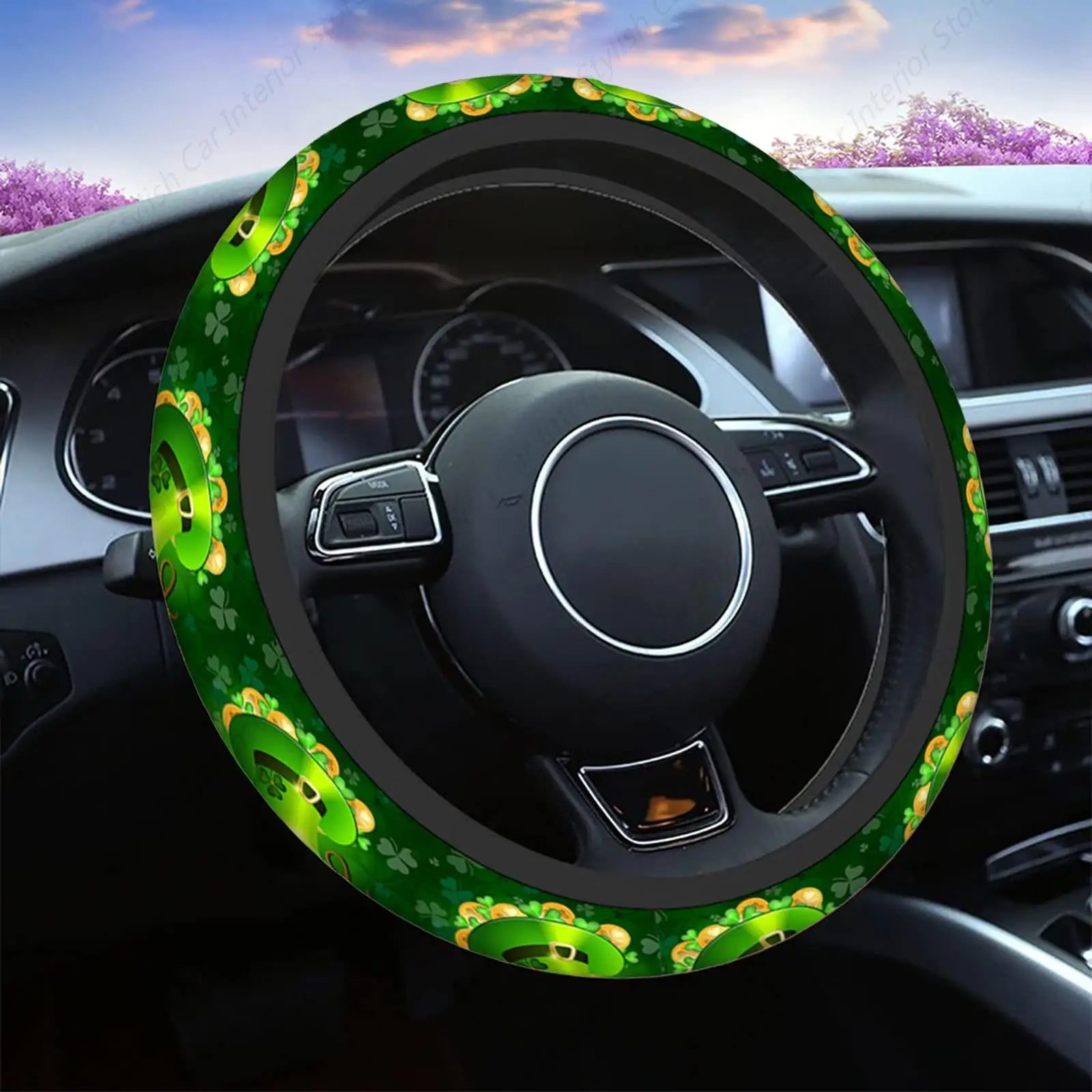 St Patrick Day Hat Gold Coins Clover Shamrock Leprechaun Hat Non Slip Car Wrap Cover Comfort Automotive Steering Wheel Protector