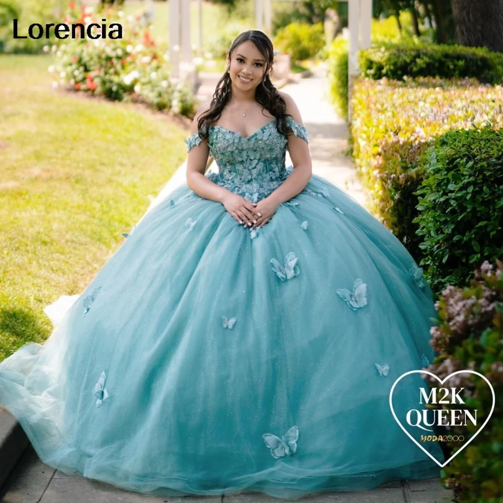 Maßgeschneidertes grünes Quinceanera-Kleid, Ballkleid, Schmetterlingsapplikation, Perlenstickerei, Mexiko-Korsett, Sweet 16, Vestidos de 15 Años YQD944