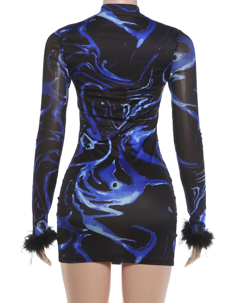 Weird Puss Sexy durchsichtiges Kleid für Damen, Stehkragen, hohles Plüsch-Patchwork, volle Ärmel, Midnight Club Party, modisches Mini-Bodycon – Detail 5
