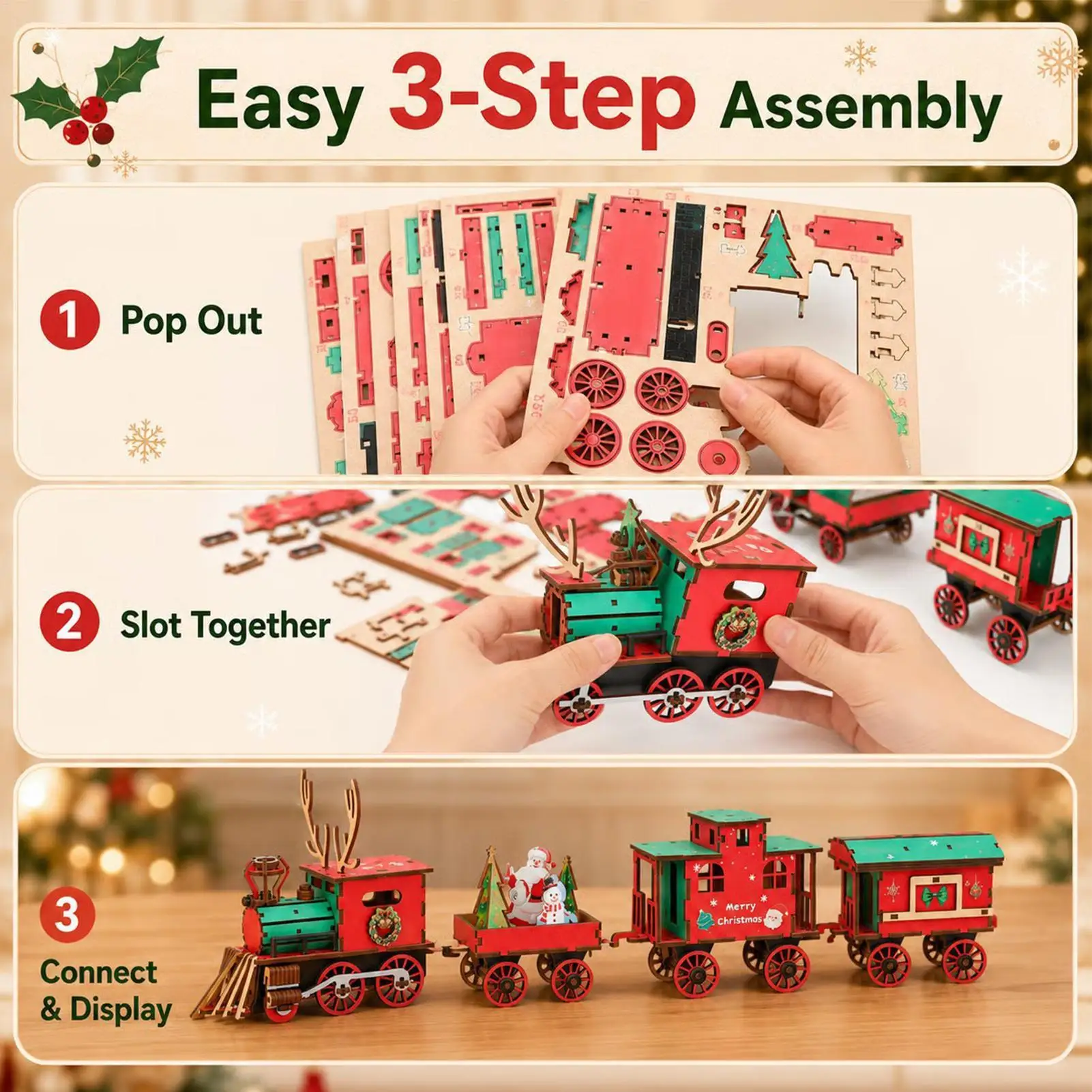 Christmas Puzzle 3D Wooden Train Model DIY Assembly Kit Creative Christmas Train Decor Teens Adults Birthday Gift Home Bookshelf
