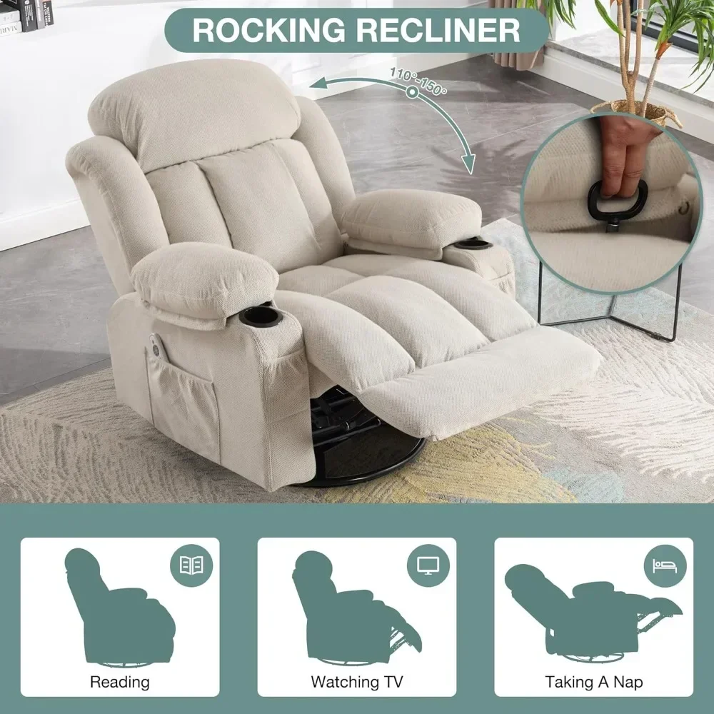 Massage Recliner Chair, Swivel and Rocking Recliner with Heat and Vibration, Side Pockets and USB (Beige),Living Room Chairs