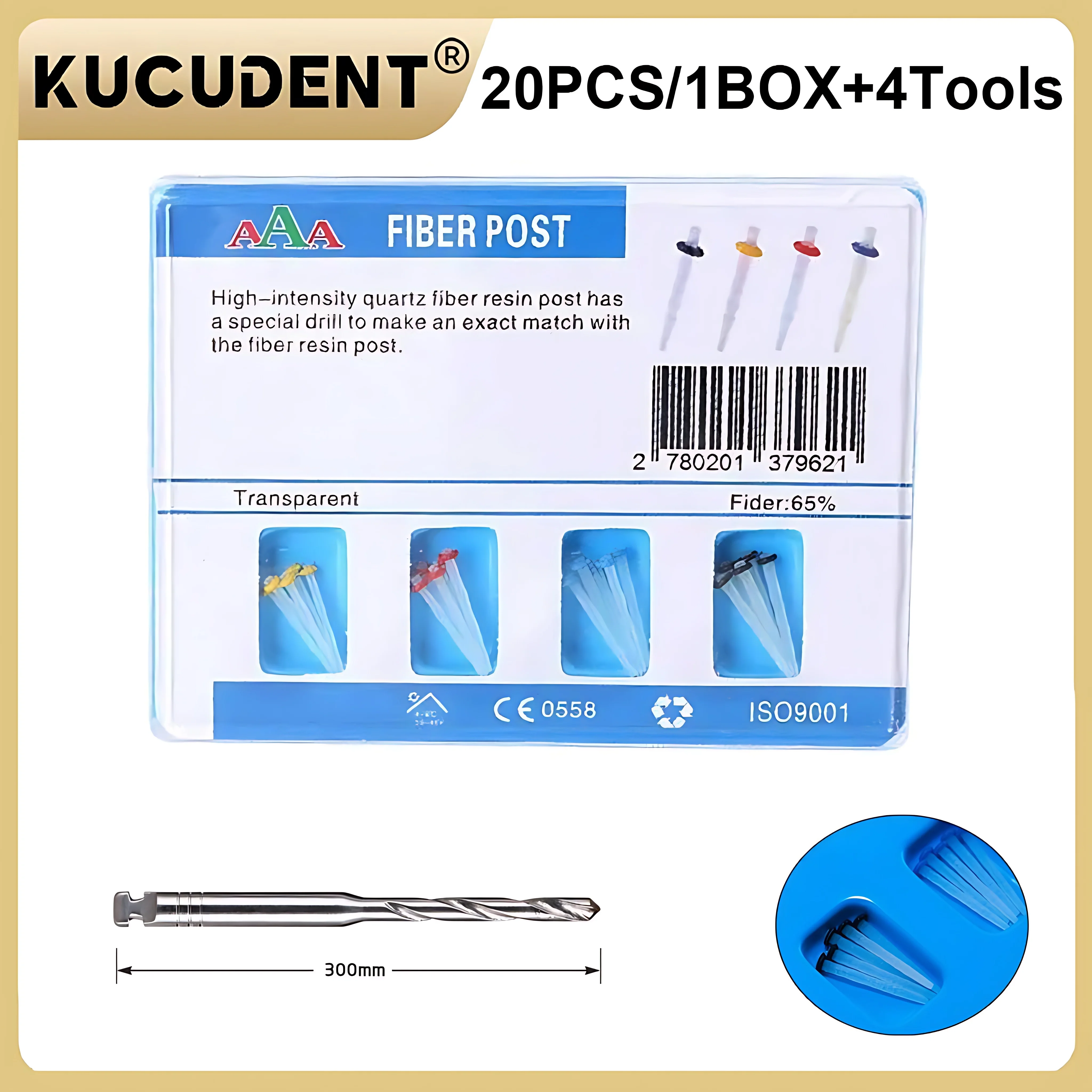 

KUCUDENT Dental Fiber Post Kit 20 Posts + 4 Drills Screw Straight Quartz Glass Thread Pile for Root Canal Restorative Filling