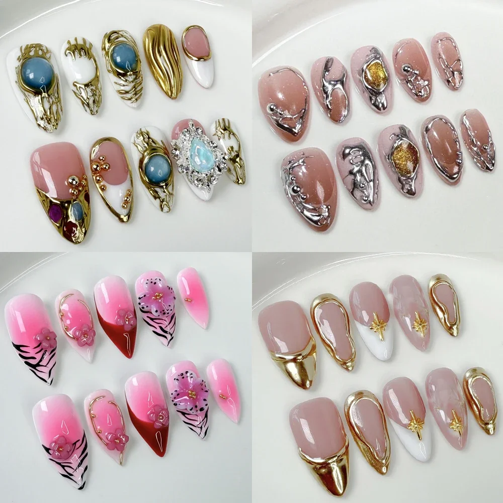 

10Pcs Highend Handmade Almond Flowers Fake Nails Light Luxury Gold Marine Elements Flower Women's Nail Decoration Press On Nail
