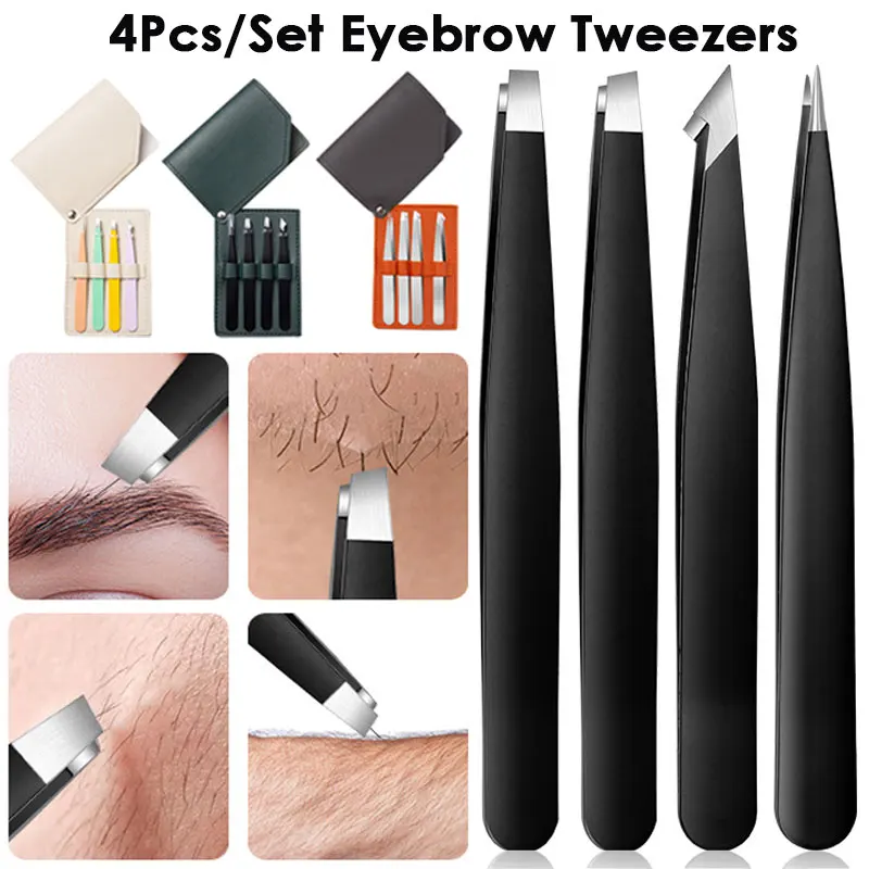 4PCS สแตนเลสสตีล Eyebrow Clippers ชุดกําจัดขนคีมเฉียงและตรงปากคิ้วตัดคลิปพร้อมกระเป๋าเก็บ