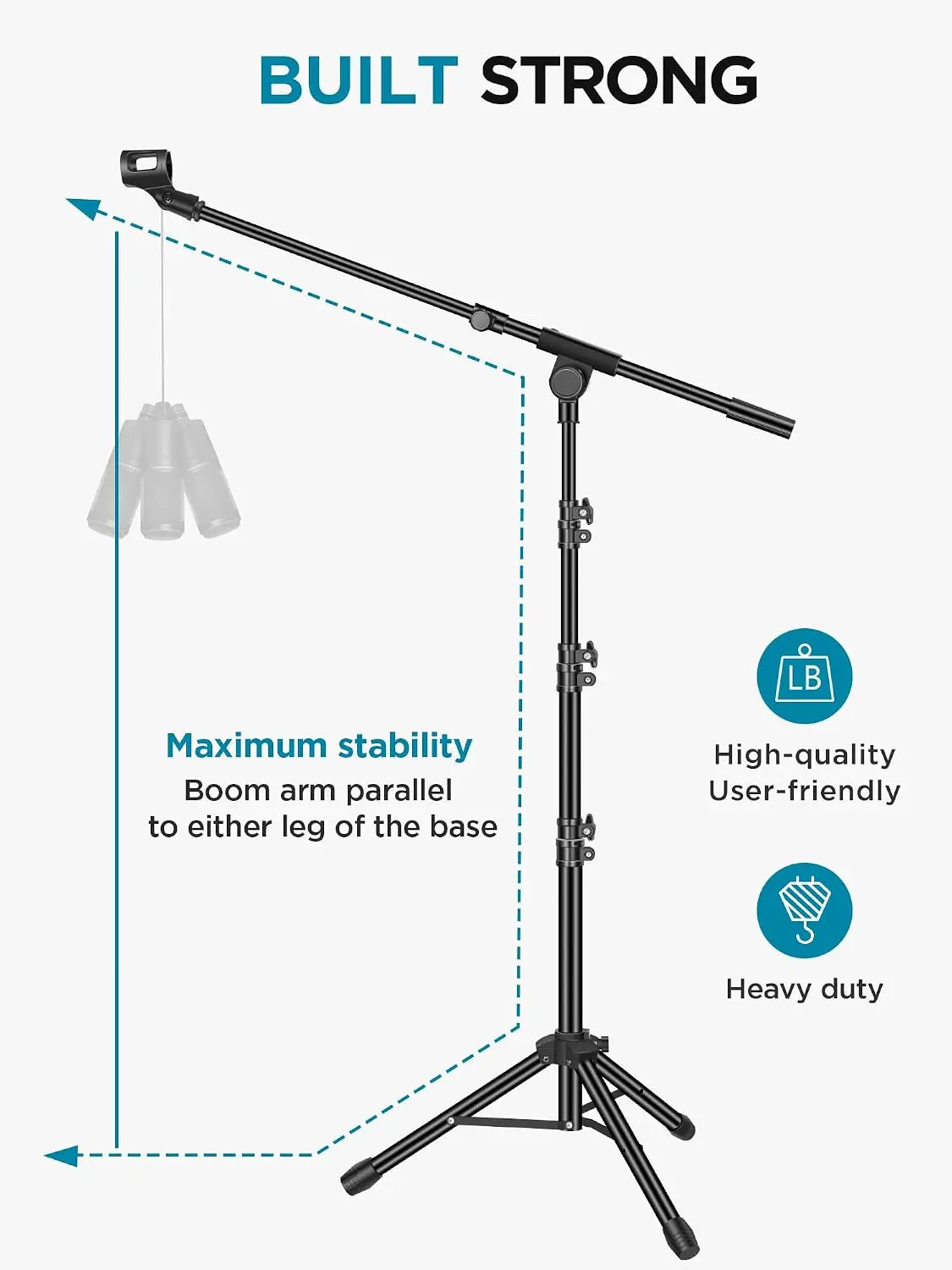 2 Pack Microphone Stand with Boom Arm, Adjustable Tripod Floor Mic Stand for Singing Podcast, Compatible with Blue Yeti Shure SM58 SM48 view 4