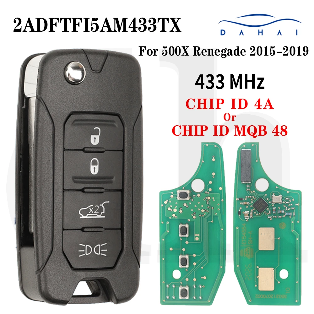 DH Flip Remote Car Key 433MHz CHIPID 4A or MQB48 Light Btn 2ADFTFI5AM433TX For Fiat 500 500X Jeep Renegade 2015-2019 Blade SIP22