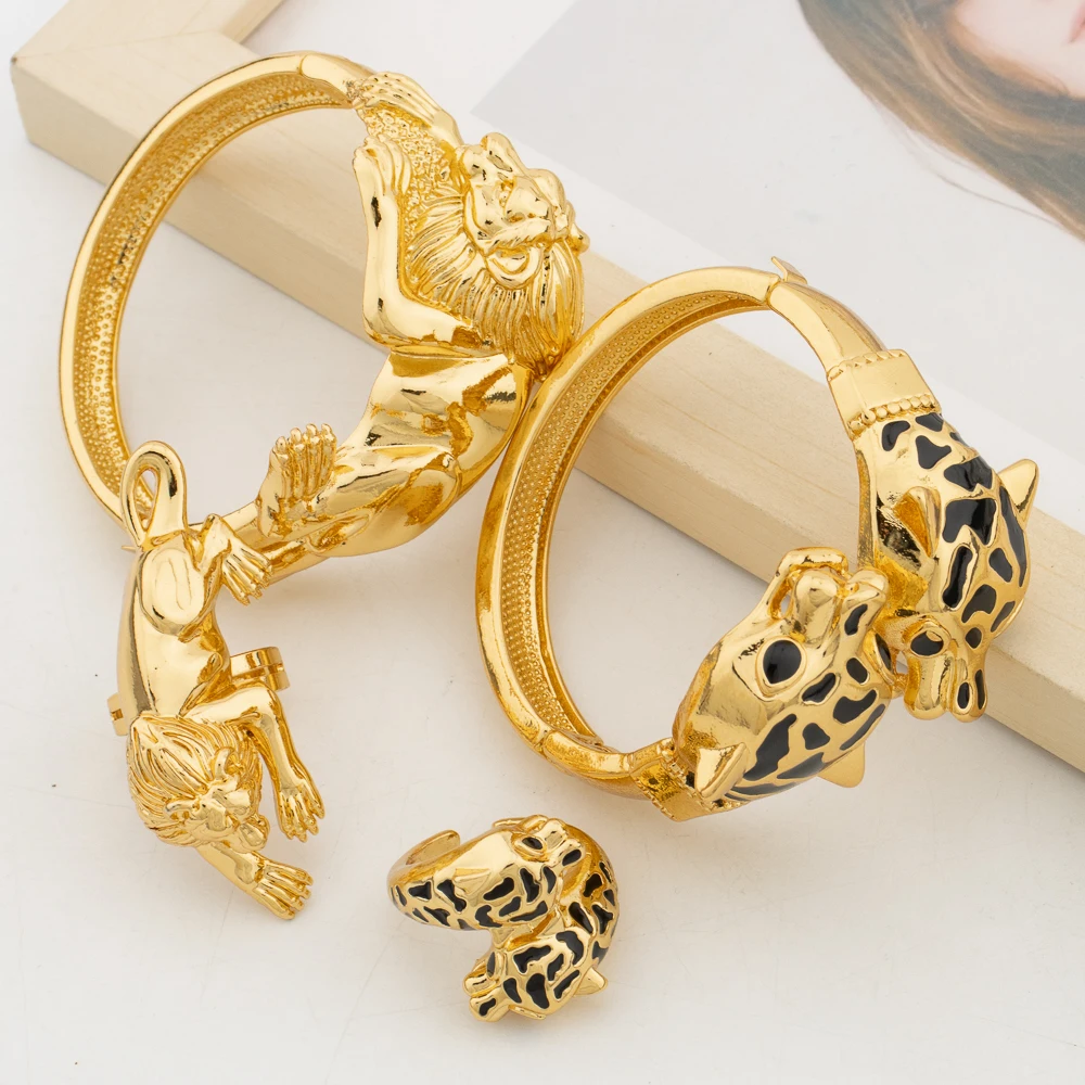 2sets/lot Bangle with Ring Jewelry Set for African 18k Gold Color Hand Bracelet Cocktail Ring 2Pcs Set for Daily Wear Wife Gift