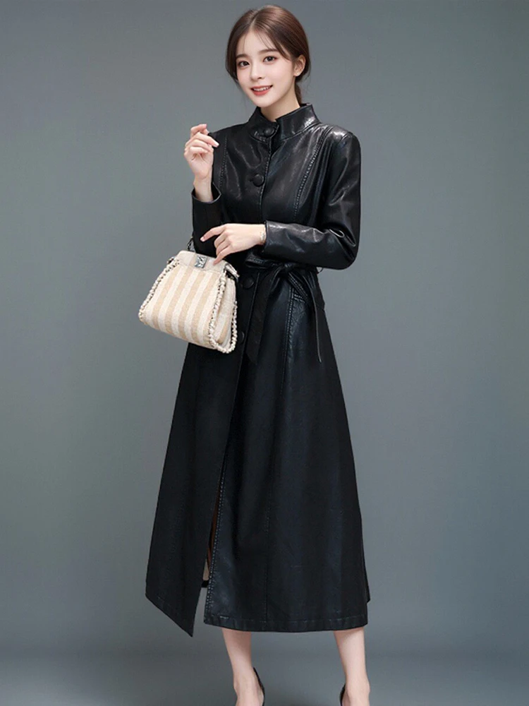 سترة نسائية طويلة من جلد الغنم من TING معطف متوسط ​​الطول بخصر ضيق وحزام للتخسيس فوق الركبة على الطراز الكوري
