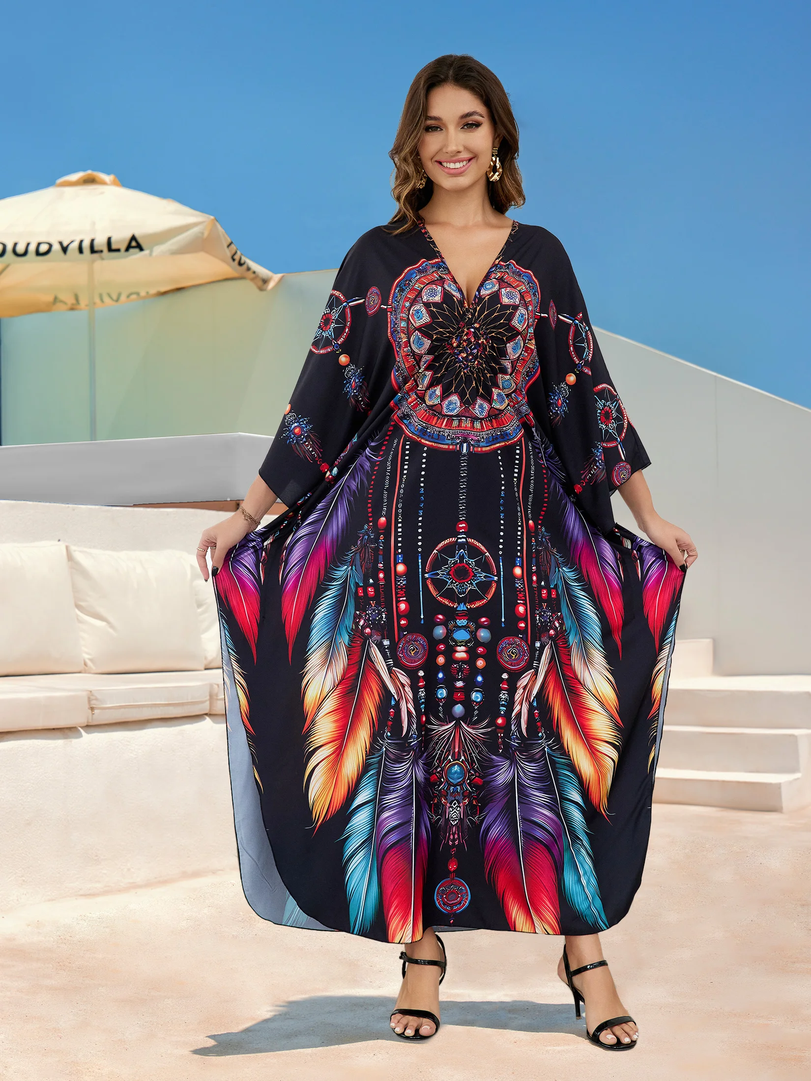 Damska Plus Size sukienka Kaftan z kwiatowym nadrukiem turecka szata narzuta na kostium kąpielowy Maxi plażowa sukienki Kaftan Q1588