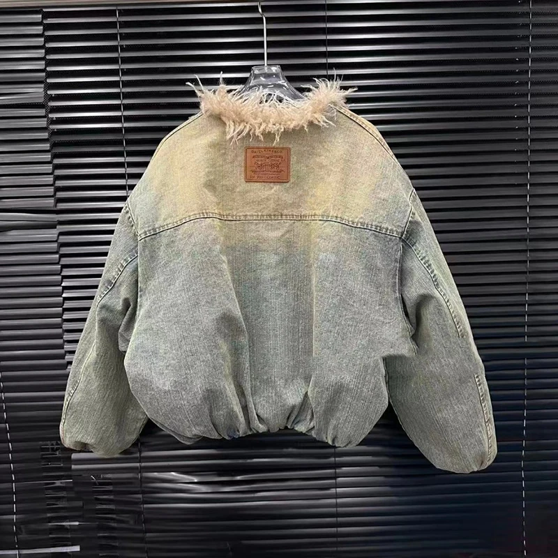 KBQ Vintage gradiënt katoenen jas voor dames bontkraag lange mouw cowboy losse vrijetijdskleding warme jassen dames winter nieuw