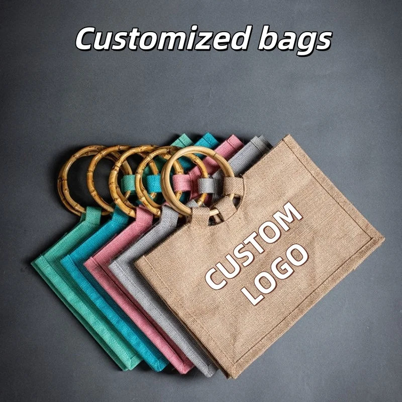 Custom Logo Natural Tote Bag Round Bamboo Ring Handles Multi Pastel Color Eco Linen Bag Wedding Bridesmaid Gift Beach Hand Bags