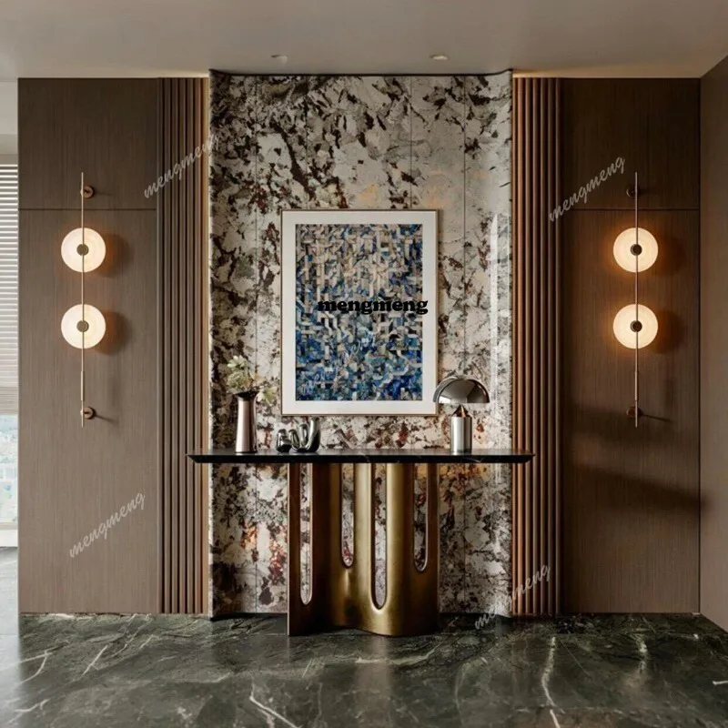 

Modern simple marble entrance table villa living room stainless steel end view table against the wall ultra-narrow strip case