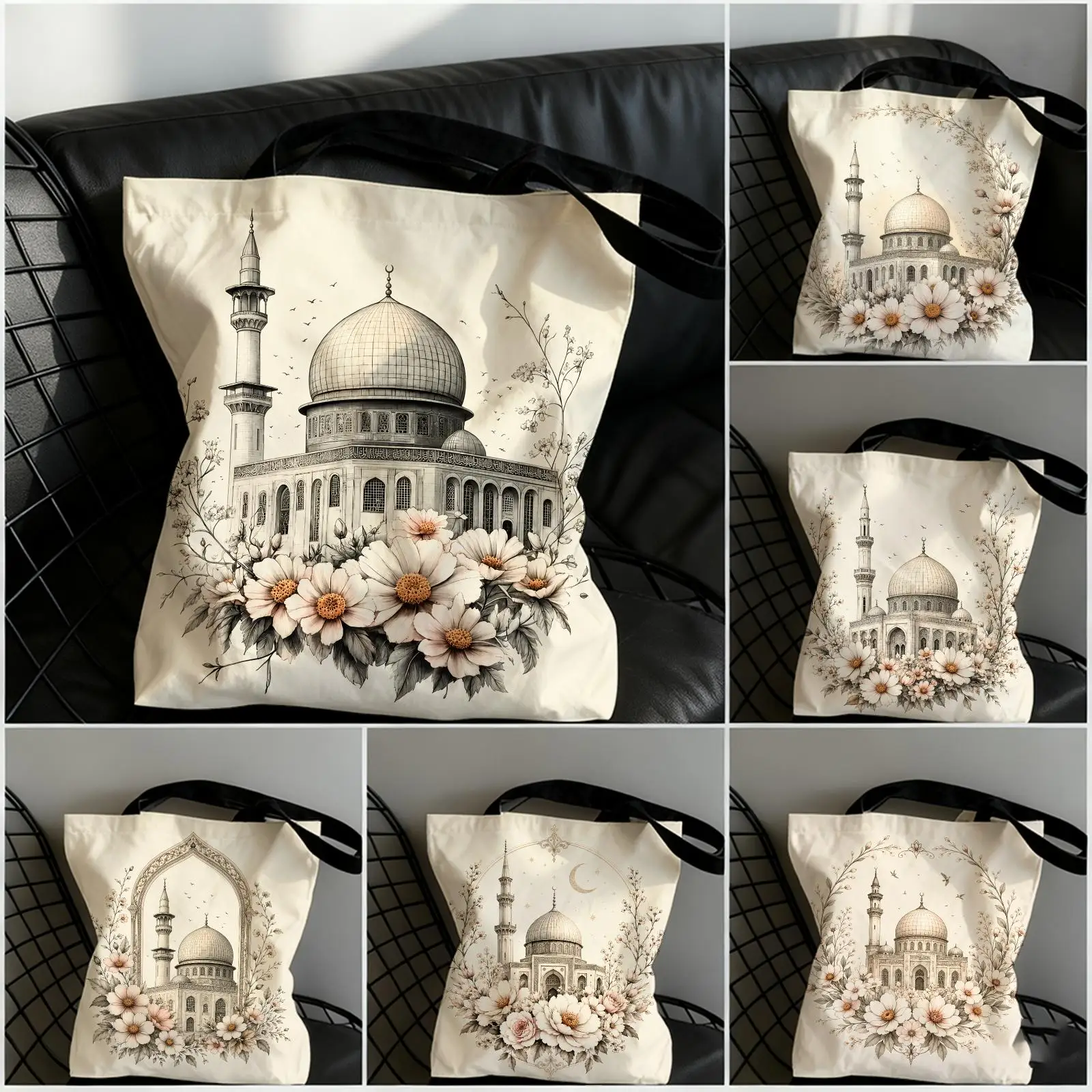 Ramadan Architecture Design Storage Bags Large Capacity Canvas Tote Bag Double-Sided Print Shoulder Handbag for Daily Shopping