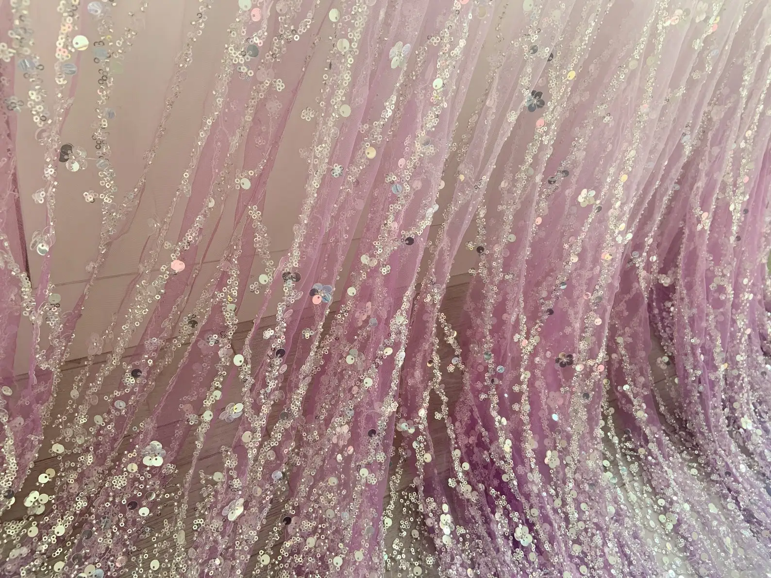 Purple Sparkle Bead Tulle Lace Fabric For Bridal Dress, Dip Dye Bead Fabric With Gradient Colors With Florals Vines