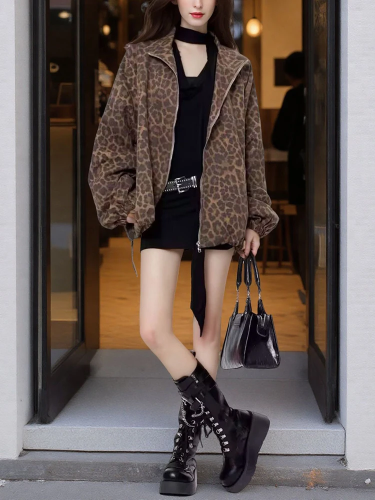 Autumn Women's Long Sleeve Casual Style Polyester Material 2025 New Fashion Collar Leopard Pattern Medium Length Coat