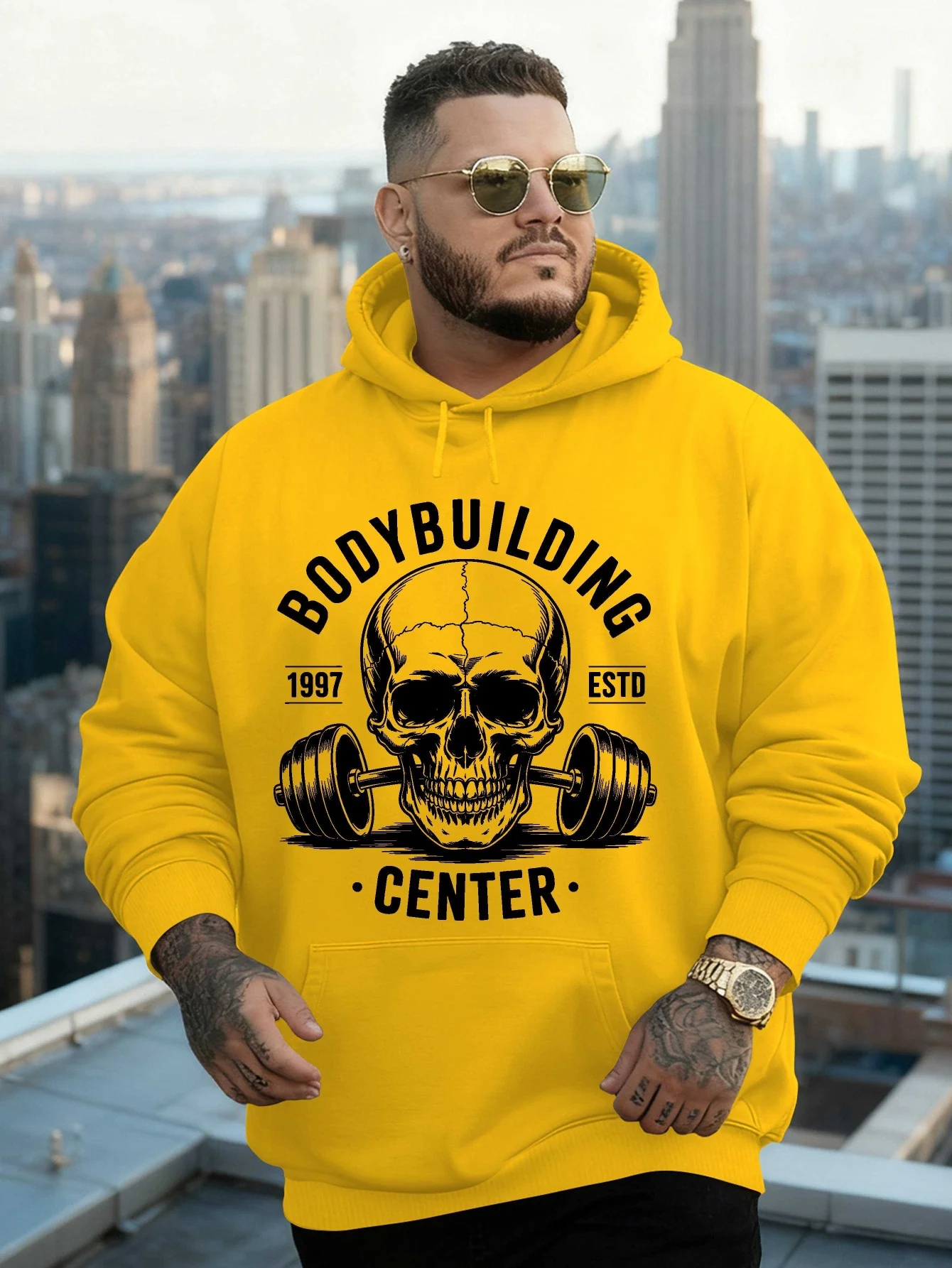 Moletom com capuz masculino Bodybuilding Center 1997 ESTD, estampa de caveira e halteres, pullover, moletom para academia, fitness, treino, streetwear