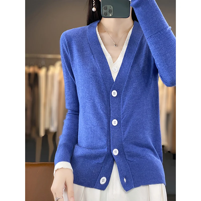 Thin Color Matching Worsted Wool Cardigan Female V-Neck Long-Sleeved Sweater Fake Two-Piece Sweater Coat Single-Breasted Coat