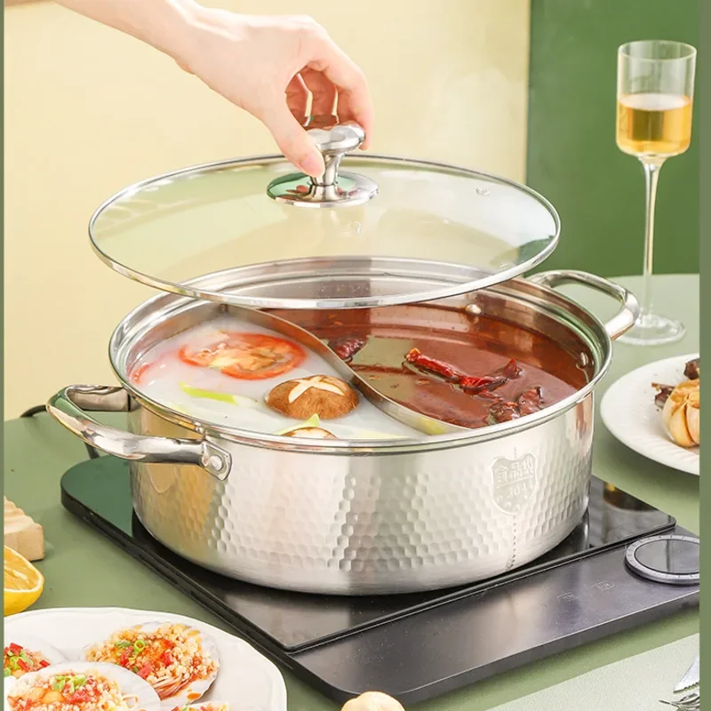 Stainless Steel Hot Pot for Induction and Gas Cookers Household Soup Pot with Partition to Prevent Flavor Mixing With Cover