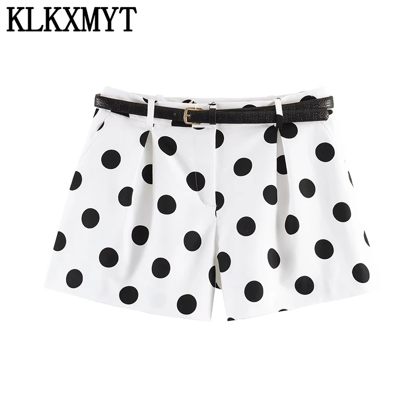 KLKXMYT Women Fashion Polka Dot Printing Shorts Vintage High Waist Belt Casual Shorts Summer 2026 Female Holiday Short Pants ﻿