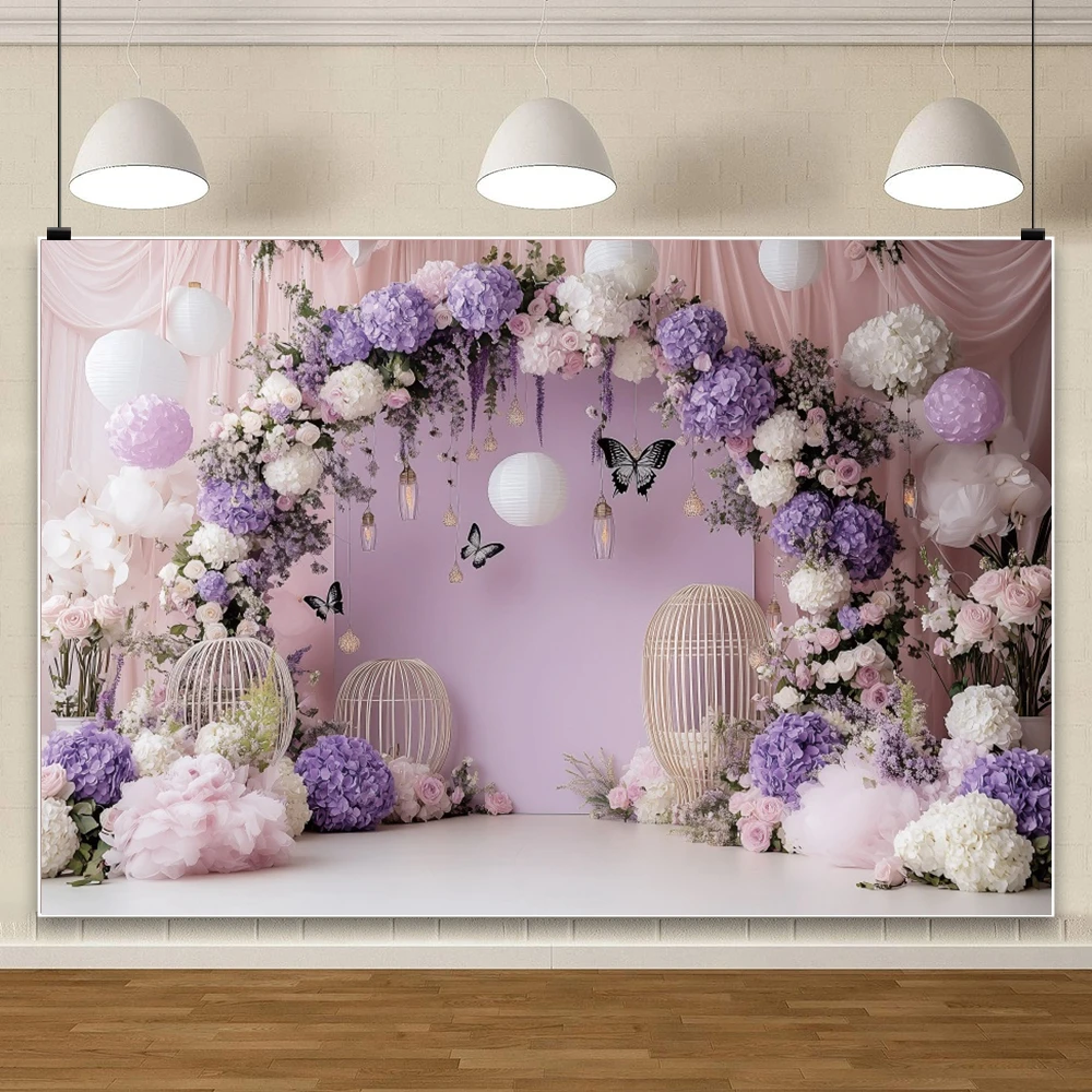 Purple Floral Arch Backdrop Butterfly Lantern Candle Decor For Romantic Wedding Adult Child Birthdays Photo Studio Background