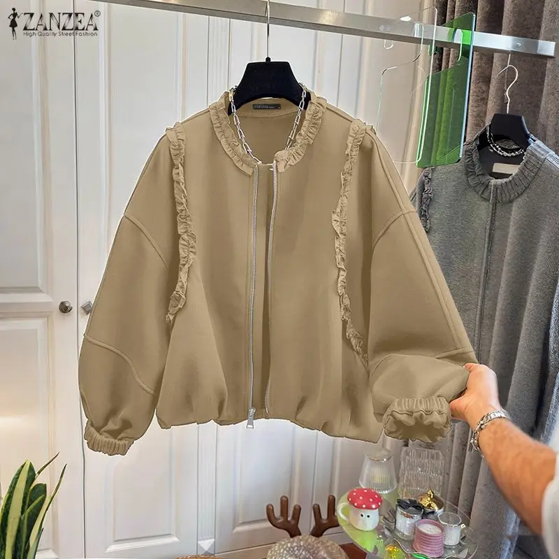 ZANZEA Lässige, lockere Sweatshirts mit Laternenärmeln, Damenmode, Rüschenbesatz, O-Ausschnitt, Reißverschluss, Kapuzenpullover, einfarbig, Damenkleidung, 3XL