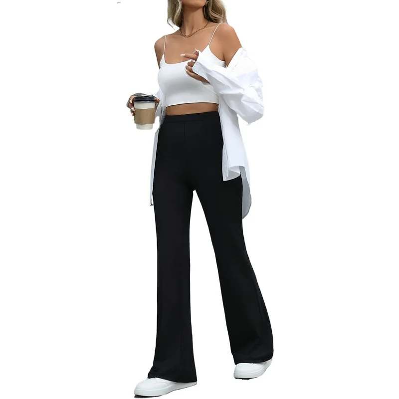 2025 Pantaloni svasati chic sofisticati da donna Pantaloni da ufficio quotidiani dimagranti in vita elastica nera solida