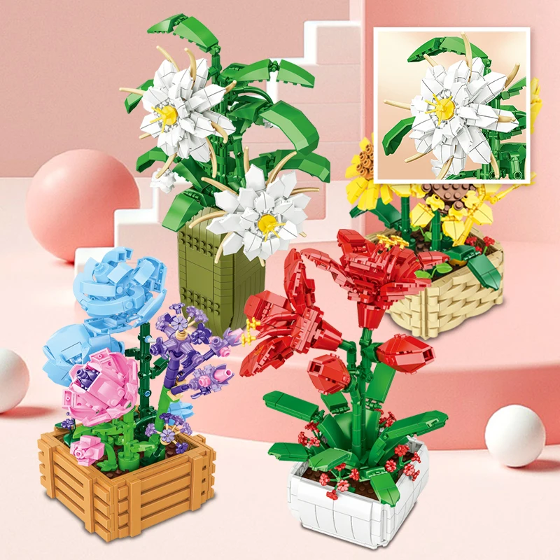 

Цветочные строительные блоки, кирпичи, подсолнухи, розы, растения, персиковые сады, романтическая классическая модель, кирпичные игрушки для девочек и детей
