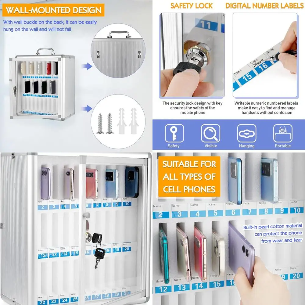 

Wall-Mounted Aluminum Alloy Cabinet with 30 Slots for Cell Phones, Portable and Lockable