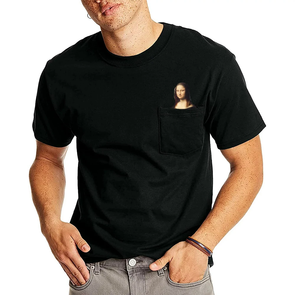 تي شيرت قطني قصير الأكمام للنساء ، مونا ليزا ، قطط حيوانات ، إصبع متوسط ، جيب مطبوع ، طلاء مضحك ، ملابس نسائية