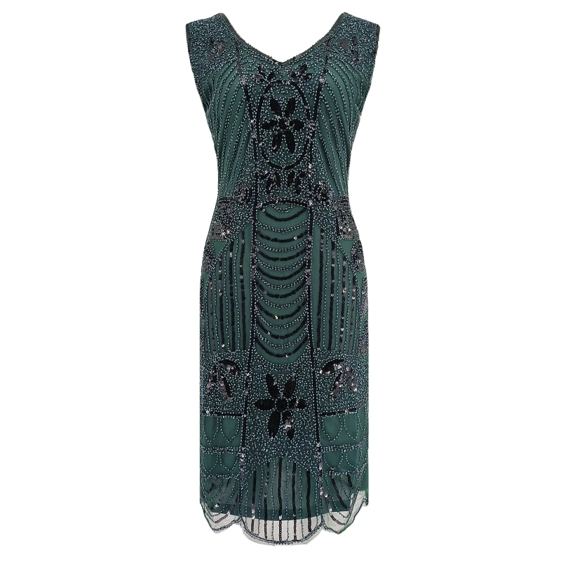 

Women's Vintage 1920s Flapper Dress The Great Gatsby Beaded Sequin Party Dress V-Neck Sleeveless Art Deco Charleston Dress