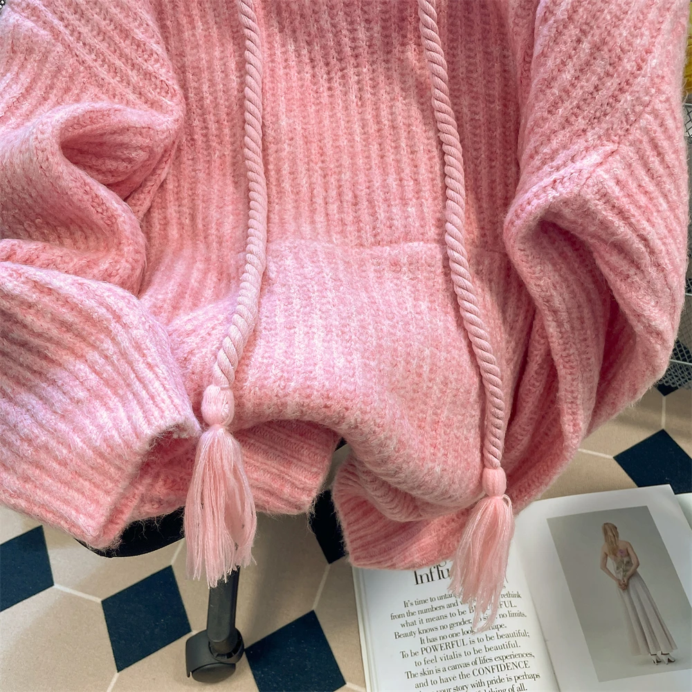 Korean Style Pink Knitted Hoodies Women Spring Autumn Long Sleeves Hooded Sweater Coats Fashion Sweet All-matched Hoodies