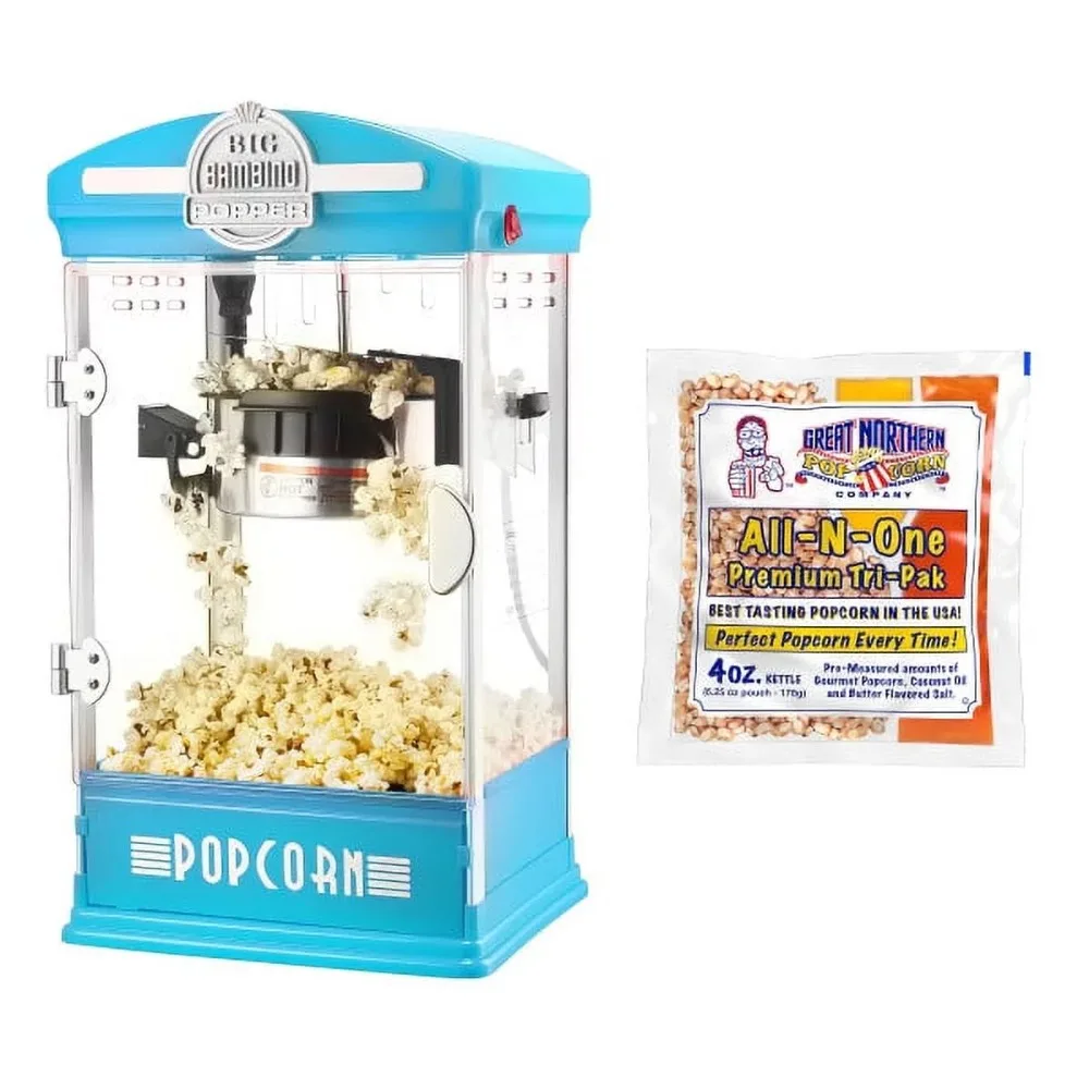 

Popcorn Machine – 4 Oz Kettle with 12 Pack of All-In-One Popcorn Kernel Packets, Scoop, and Bags (Blue)