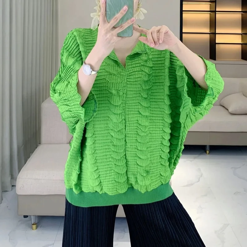 

Miyake Solid Color Loose Pleated T-Shirt Women's Half Open Collar Batwing Sleeve Top 2025 Summer Fashion Casual Short Sleeves
