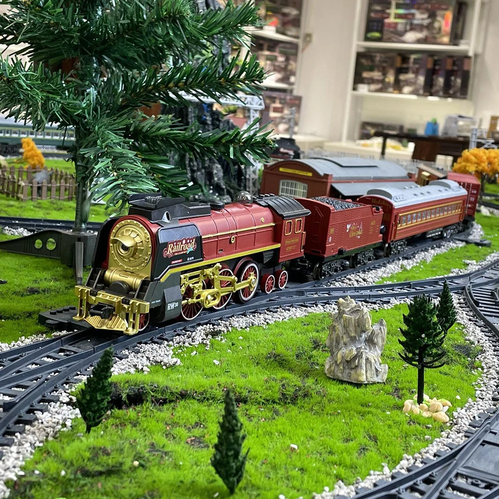 クラシックなリモコン電動列車のおもちゃ、シミュレーション蒸気機関車模型、ライト付き、子供のおもちゃ、クリスマスプレゼント