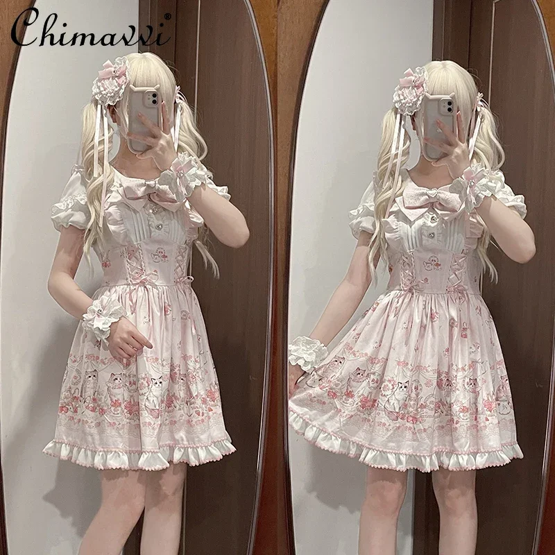 Original nova primavera verão bonito impressão de manga curta lolita op vestido japonês doce menina produzido em massa kawaii arco vestidos curtos
