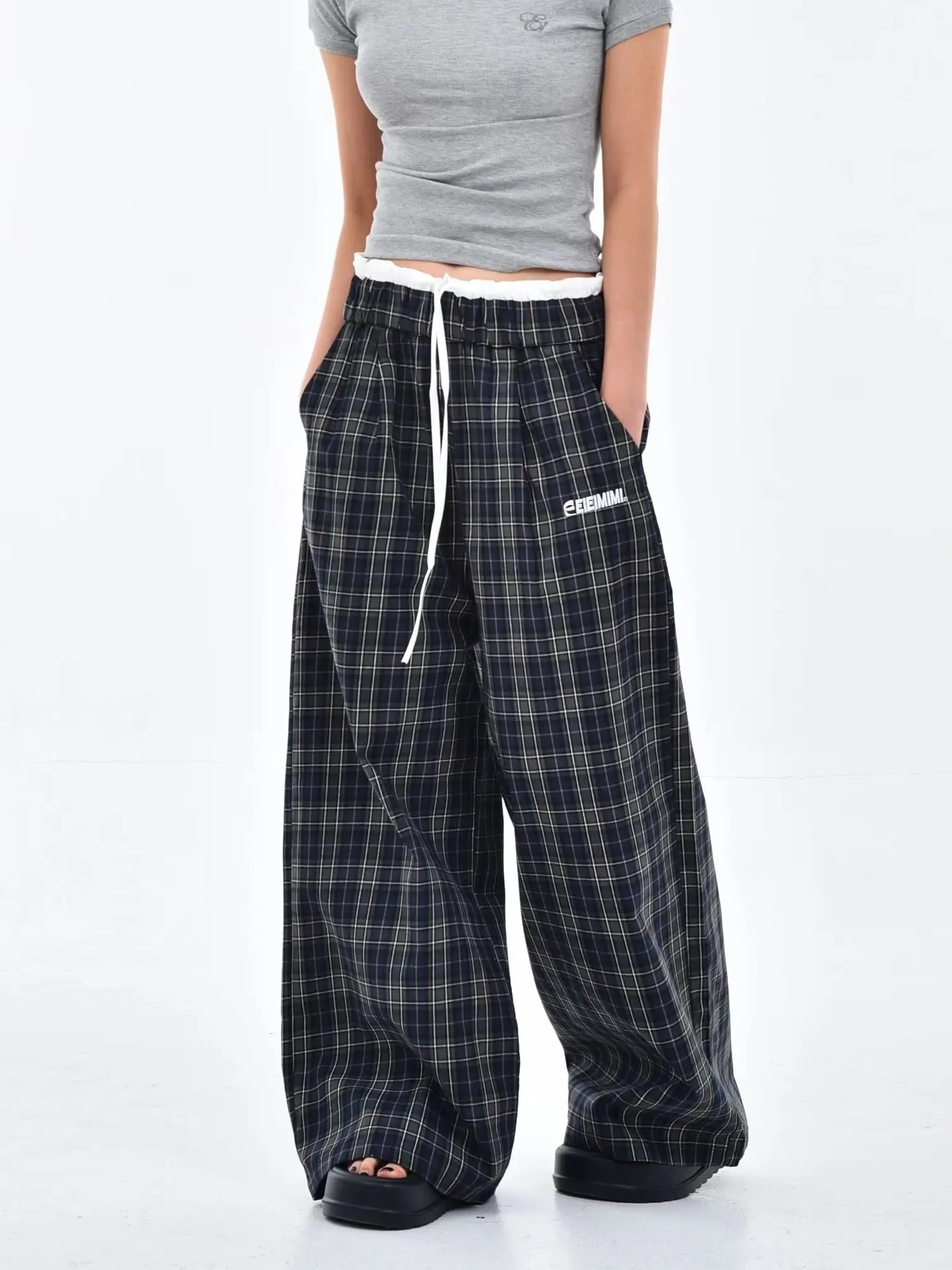 Plaid Loose Wide Leg Casual Pants for Women Summer New Elastic Waist Drawstring  High Waist Straight Walking Pants Trousers