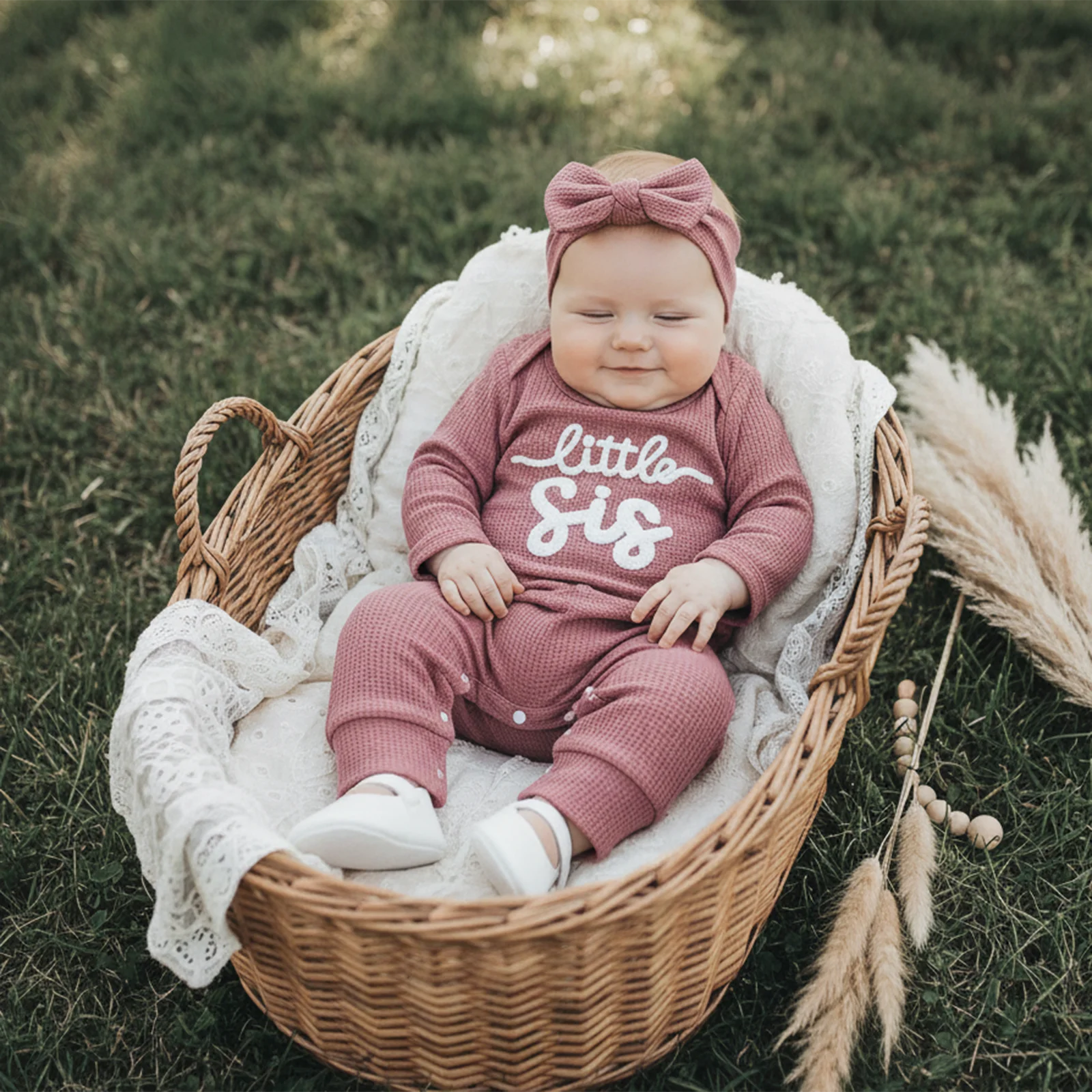 

Baby Girls Romper Letter Embroidery Long Sleeve Round Neck Back Ruffled Jumpsuit with Bow Headband