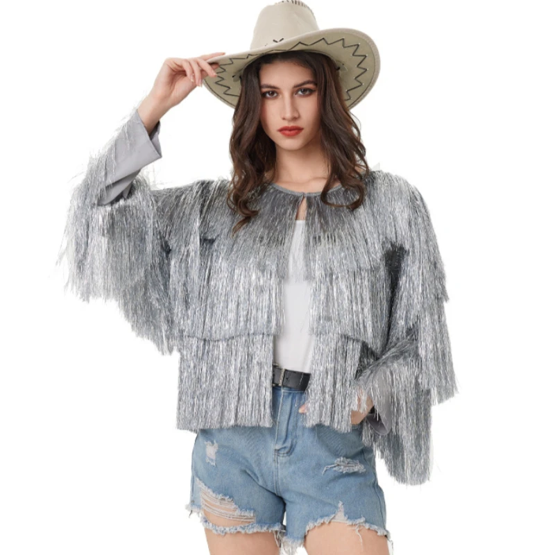 Luxury Women Silver Gold Silk Tassels Jacket Multi-Layers Fringed Long Sleeved Coat Spring Summer Halloween Cardigan Dance Tops