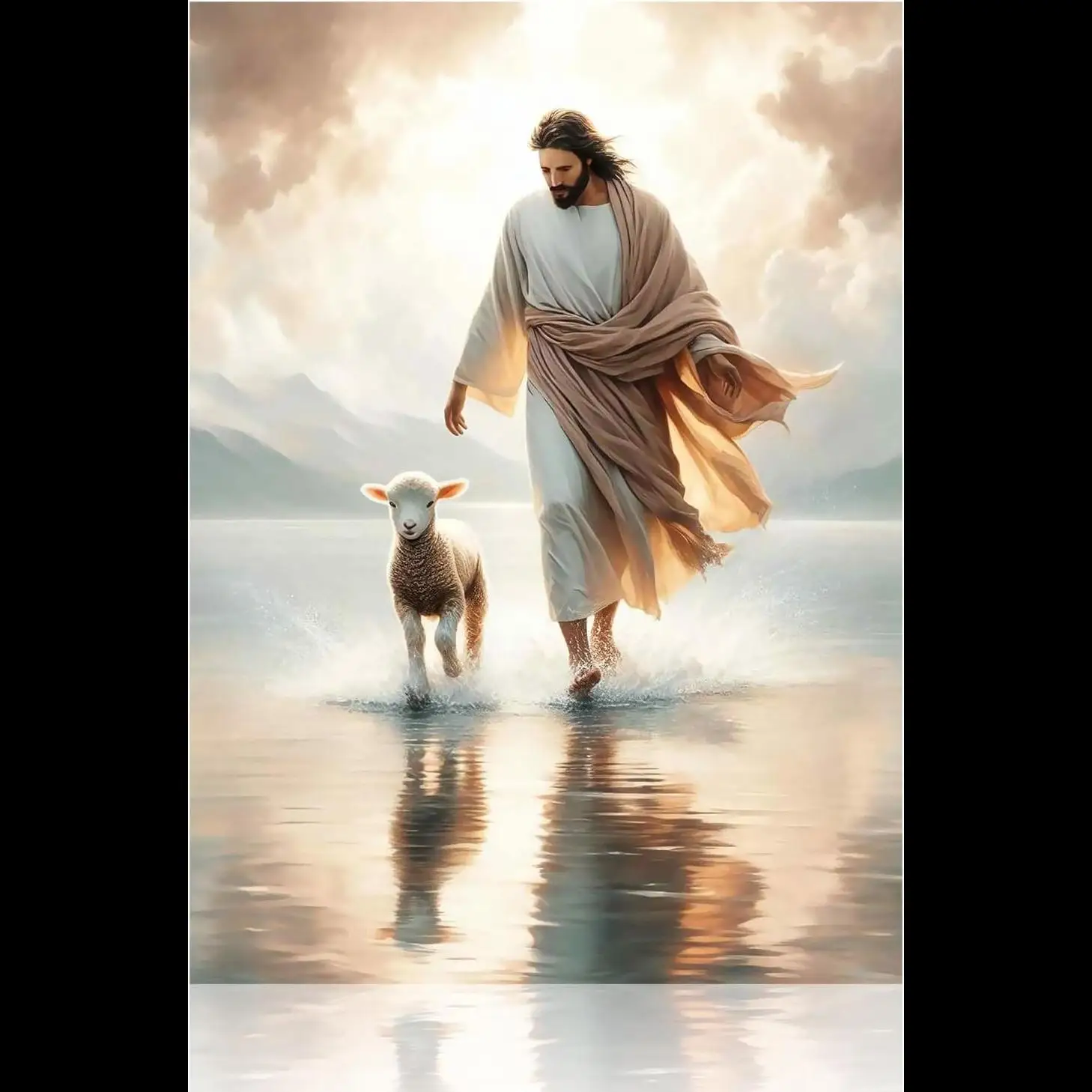 Jesus and Lamb Canvas Wall Art  Jesus Walking on Water Poster  Christian Wall Decor HD Print for Living Room  Bedroom  Unframed