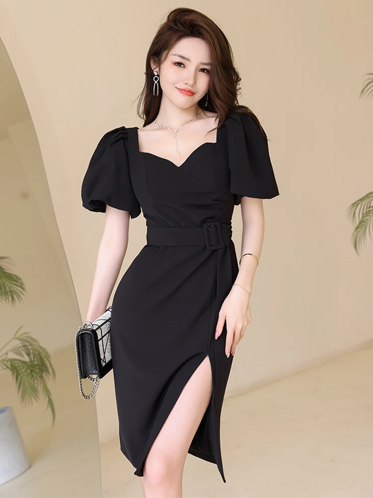 새로운 여름 우아한 여성 이브닝 드레스 시크한 블랙 섹시 퍼프 소매 슬릿 슬림 미디 펜슬 파티 클럽 프롬 여성 의류