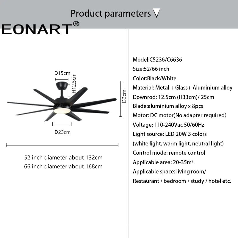 66 inch Led Lamp DC Ceiling Fan With Remote Control Modern Indoor Aluminum Alloy 8 Blades Fan Lamp 110-220v Ventilador De Techo