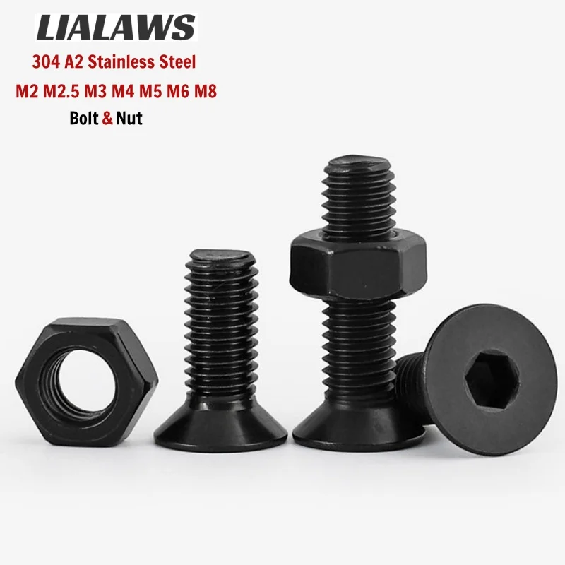 M2 M2.5 M3 M4 M5 M6 M8 Black 304 Stainless Steel Countersunk Hex Socket Bolt Nut Set DIN7991 Allen Flat Head Screw With Nuts Kit
