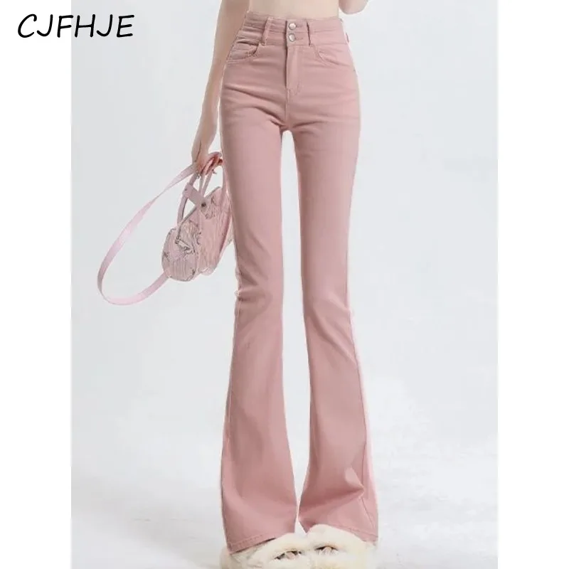 CJFHJE Pink France Style Vintage Jeans Women High Waist Korean Fashion Flare Pants Female Pocket Slim Designer Sweet Pants