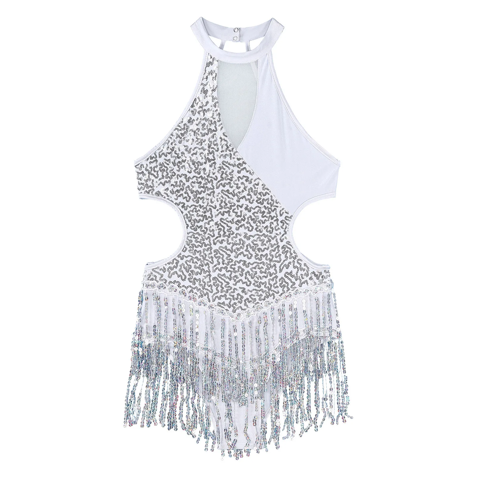 Womens Gymnatics Sleeveless Fringed Leotard Dancewear Latin Cha-Cha Ballet Dance Performance Costume Sparkling Sequin Bodysuit