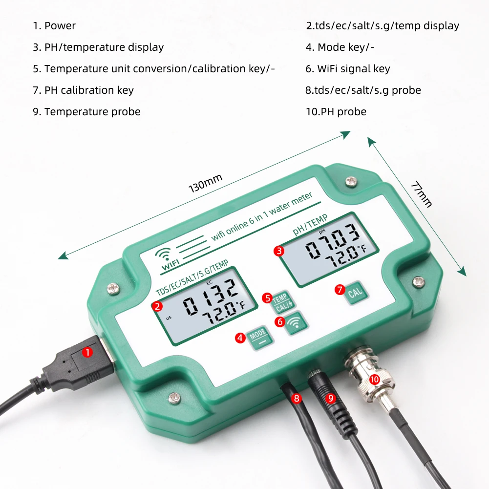 Tuya WiFi 6 in 1 Digital Water Quality Tester Multifunctional PH TDS EC S.G SAL Temp Monitor Analyzer for Aquarium Aquaculture