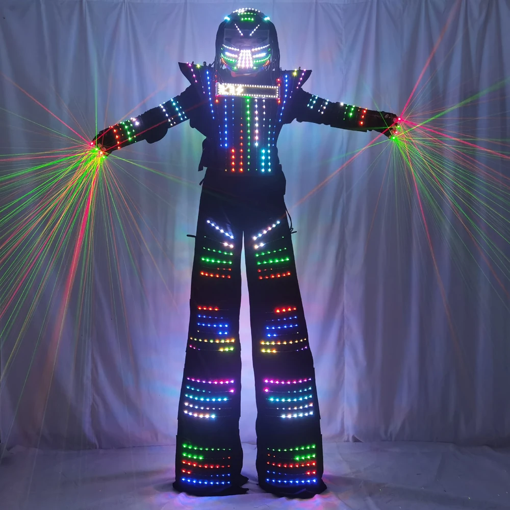 LED Robot Costume Clothes Full Color Chest Display White Silver Leather Stilt Walking Luminous Suit Jacket Laser Glove Helmet