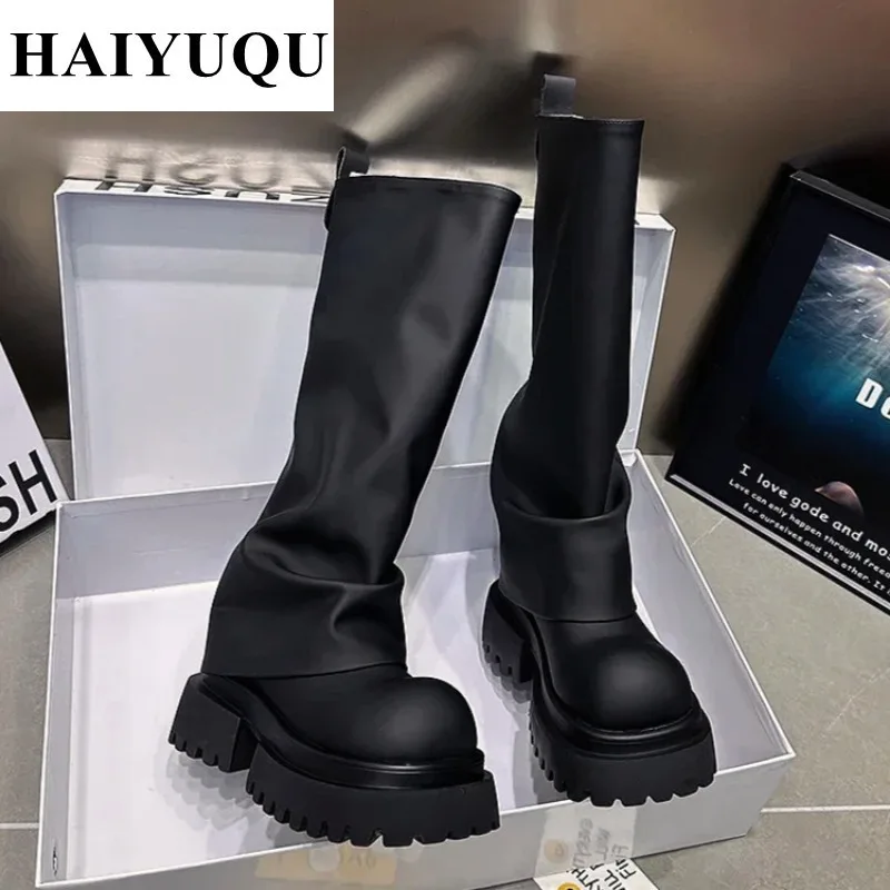 Botki damskie buty do kolan skórzane buty na platformie Chunky Snow Design 2024 Trend motocykl jesień Punk Goth Botas Mujer