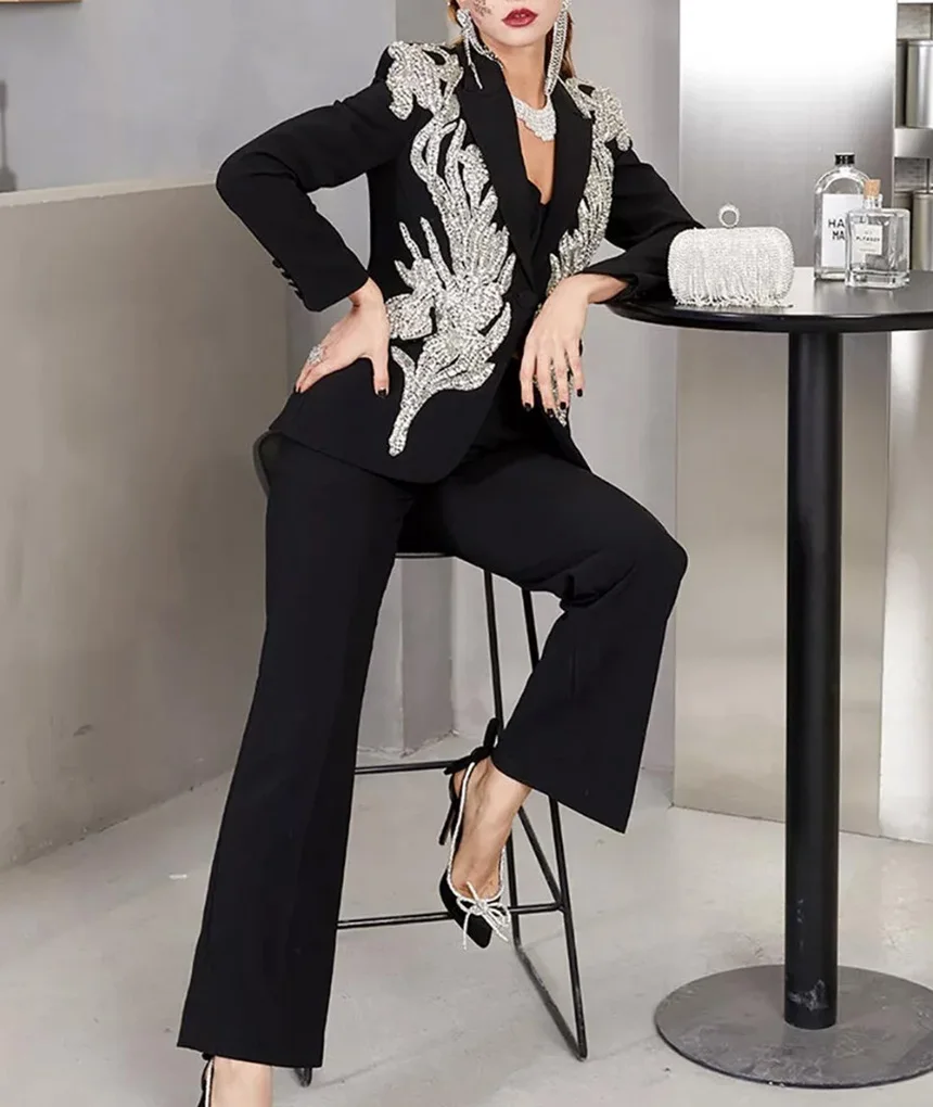 Luxe Vrouwen Broek Past 2-delig Kristal Kralen Blazer Jas Past Bruiloft Gast Formele Slijtage Avonden Feestoutfit Op maat gemaakt